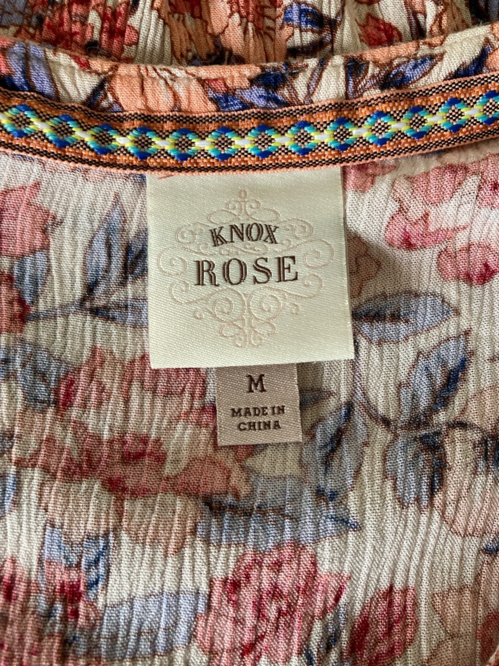 Knox Rose boho floral ruffled peach/blue mini babydoll dress, size medium - Picture 2 of 8